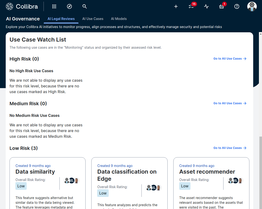 An example of a risk rating and review screen for AI use cases.
