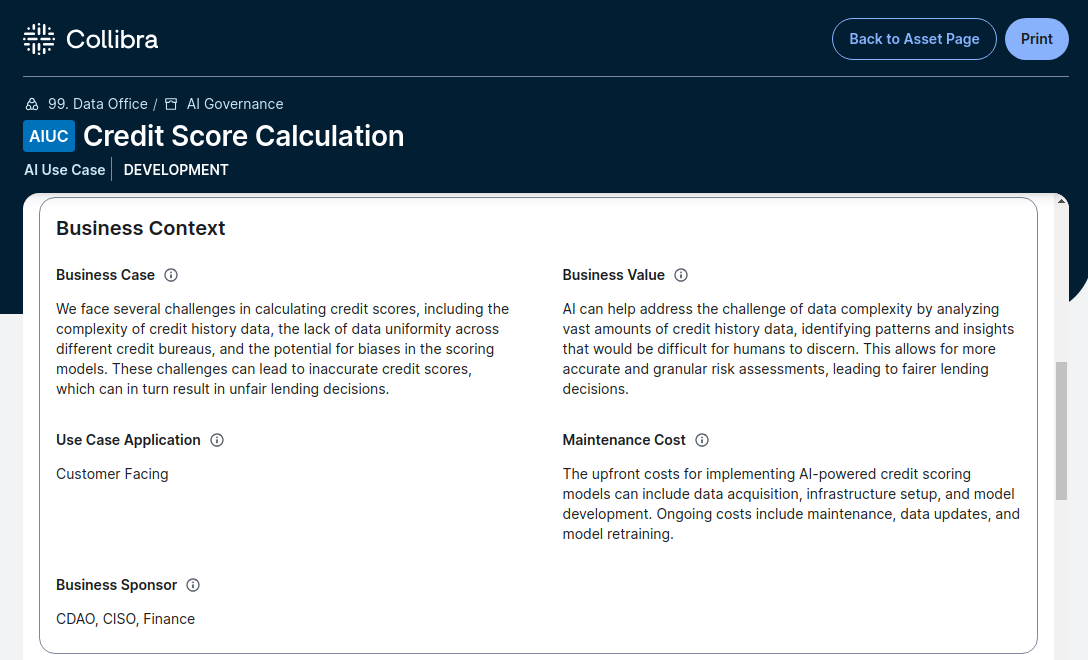 An example screen showing business context as part of an overall Rationale for Modeling.