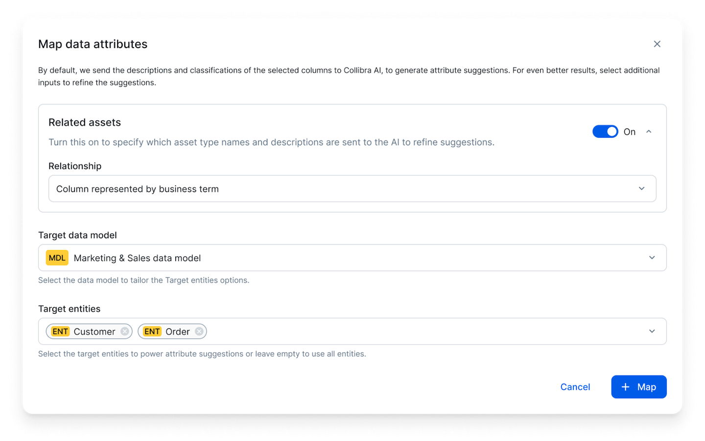 Map data attributes by selecting the specific data model and data entities to power AI-suggestions