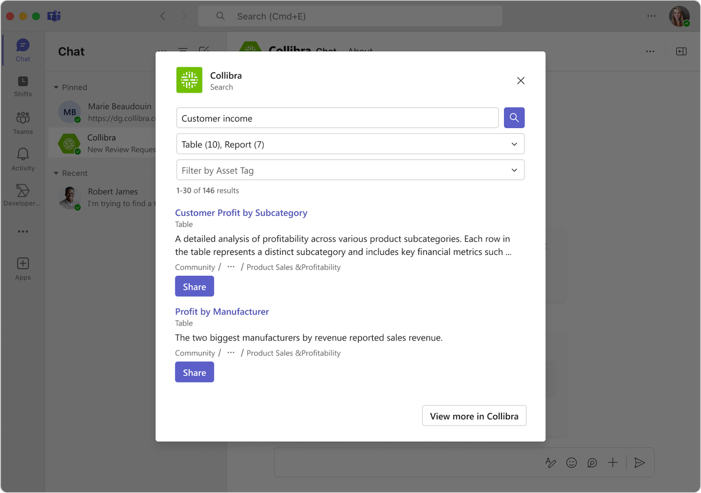 Search for data assets directly within MS teams interface