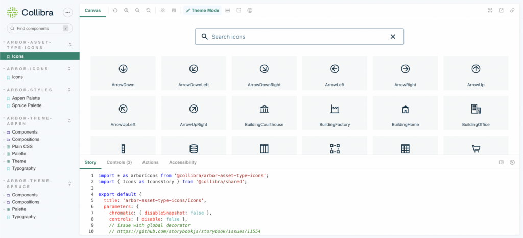 Screenshot of Arbor frontend component design system Storybook. Shows icons, component list, and a short snippet of instructive code.