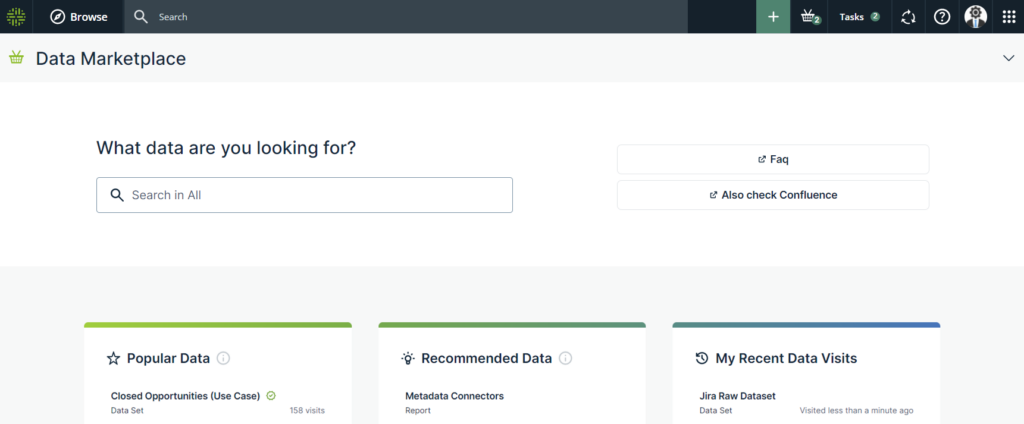 Screenshot of Collibra's Data Marketplace user interface. A blank search bar is displayed above three common destinations: popular data, recommended data, and my recent data visits.