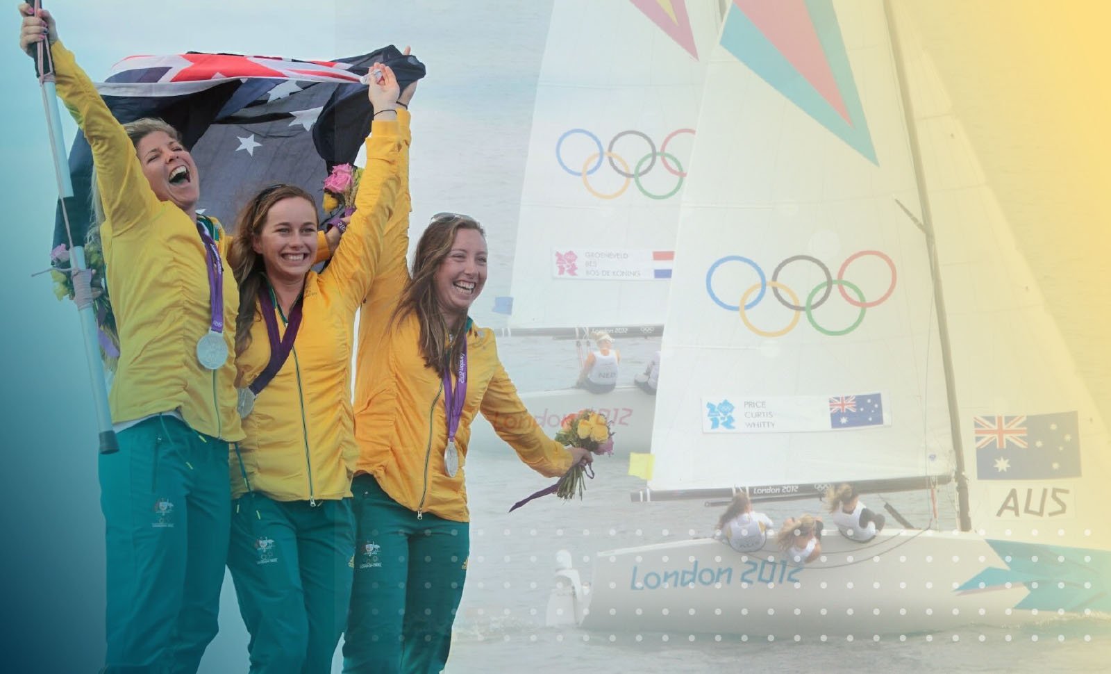 Three women dressed in matching yellow and teal outfits hold the Australian flag in front of sailboats with the Olympic rings on the sails